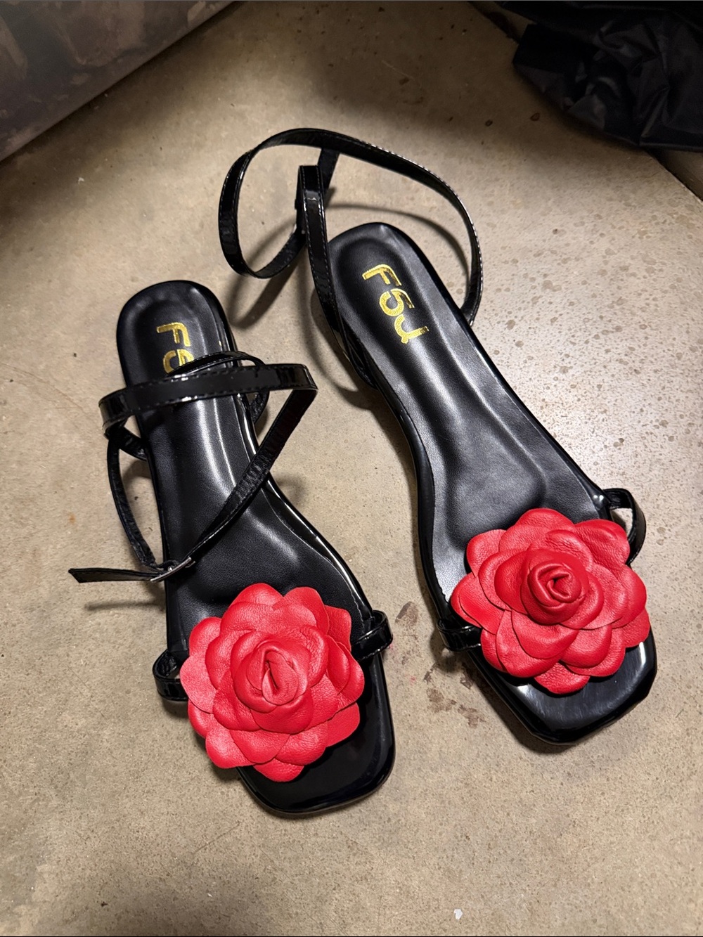 FSJ Black Sandals with Red Rose Applique